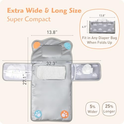 Anti Roll Diaper Changing Pad Mat with Swaddle Strap 3-in-1 Portable Waterproof Foldable Travel Station with Dual Storage Pockets, Built-in Pillow, Wipes Holder, Shower Gift for Newborns Girls, Boys