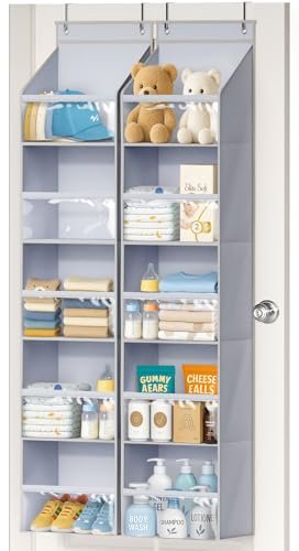 AOODA 2 Pack Over the Door Organizer, Large Capacity Closet Door Hanging Organizer, Clear Deep Pockets Baby Organizer Storage for Nursery, Bathroom, Bedroom, Pantry, Diapers (Grey)