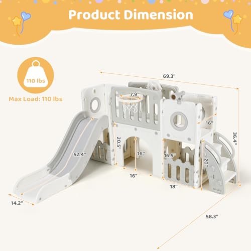 Arlopu 9 in 1 Large Toddler Slide, Kid Playset w/Long Slope, Baby Climber Set w/Basketball Hoop, Telescope, Tunnel, Storage Space, Enclosed Steps, Indoor Outdoor Playground for Ages 3+