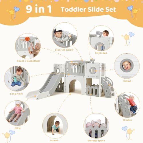 Arlopu 9 in 1 Large Toddler Slide, Kid Playset w/Long Slope, Baby Climber Set w/Basketball Hoop, Telescope, Tunnel, Storage Space, Enclosed Steps, Indoor Outdoor Playground for Ages 3+