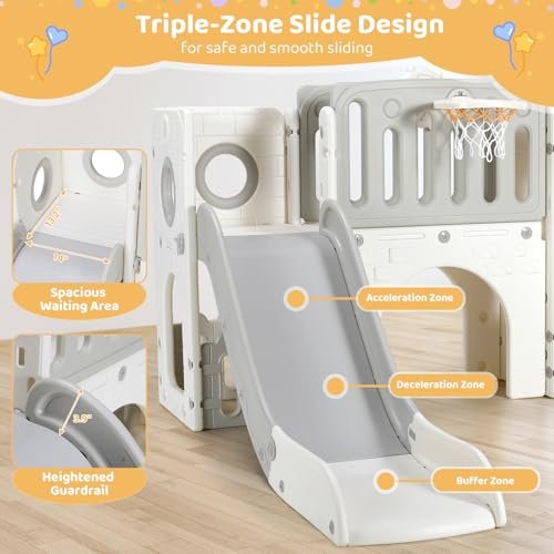Arlopu 9 in 1 Large Toddler Slide, Kid Playset w/Long Slope, Baby Climber Set w/Basketball Hoop, Telescope, Tunnel, Storage Space, Enclosed Steps, Indoor Outdoor Playground for Ages 3+