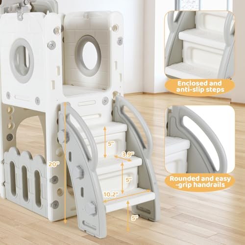 Arlopu 9 in 1 Large Toddler Slide, Kid Playset w/Long Slope, Baby Climber Set w/Basketball Hoop, Telescope, Tunnel, Storage Space, Enclosed Steps, Indoor Outdoor Playground for Ages 3+