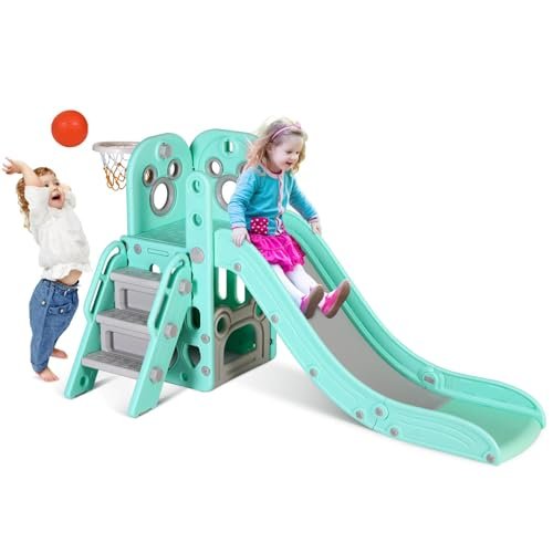 Arlopu Kids Slide L-Shaped, 5 in 1 Slide Climber for Toddler, with Ball & Hoop, Storage Space and Non-Slip Steps, Indoor Outdoor Baby Playset, Ideal for Boys Girls Birthday 3 Years + (Light Green)