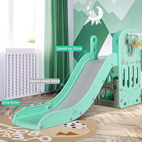 Arlopu Kids Slide L-Shaped, 5 in 1 Slide Climber for Toddler, with Ball & Hoop, Storage Space and Non-Slip Steps, Indoor Outdoor Baby Playset, Ideal for Boys Girls Birthday 3 Years + (Light Green)