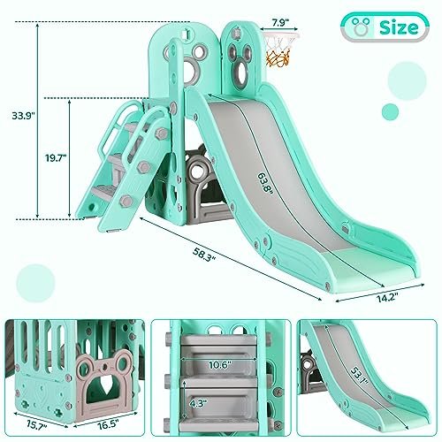 Arlopu Kids Slide L-Shaped, 5 in 1 Slide Climber for Toddler, with Ball & Hoop, Storage Space and Non-Slip Steps, Indoor Outdoor Baby Playset, Ideal for Boys Girls Birthday 3 Years + (Light Green)