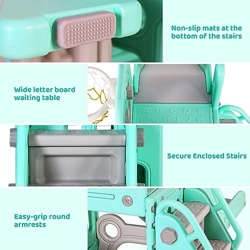 Arlopu Kids Slide L-Shaped, 5 in 1 Slide Climber for Toddler, with Ball & Hoop, Storage Space and Non-Slip Steps, Indoor Outdoor Baby Playset, Ideal for Boys Girls Birthday 3 Years + (Light Green)