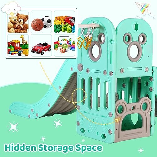 Arlopu Kids Slide L-Shaped, 5 in 1 Slide Climber for Toddler, with Ball & Hoop, Storage Space and Non-Slip Steps, Indoor Outdoor Baby Playset, Ideal for Boys Girls Birthday 3 Years + (Light Green)