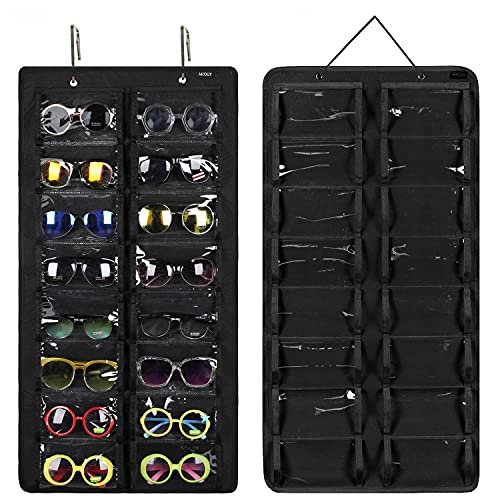 AROUY Sunglasses Organizer Storage, Hanging Dust Proof Wall Pocket Glasses Organizer - 16 Felt Slots Sunglass Organizer Holder with Metal Hook and Sturdy Rope (Black, Dust Proof)