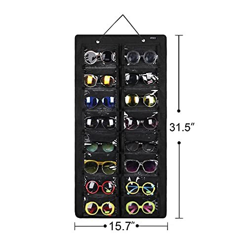 AROUY Sunglasses Organizer Storage, Hanging Dust Proof Wall Pocket Glasses Organizer - 16 Felt Slots Sunglass Organizer Holder with Metal Hook and Sturdy Rope (Black, Dust Proof)