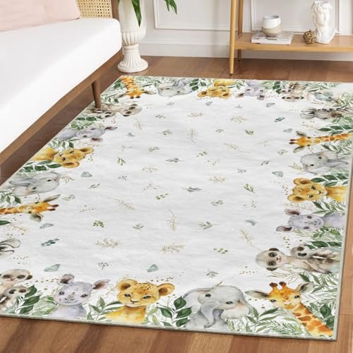 Artoid Mode Animals Elephant Giraffe Baby Shower Area Rug, Spring Birthday Home Decor Low-Profile Washable Area Rugs for Entryway Bedroom Living Room Laundry Room Indoor 5x7 Feet