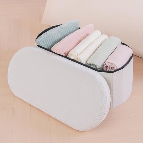 B FSOBEIIALEO Ottoman with Storage for Living Room, Sherpa Folding Storage Ottoman Foot Rest, 30 Inches Collapsible Bedroom Bench Cream White