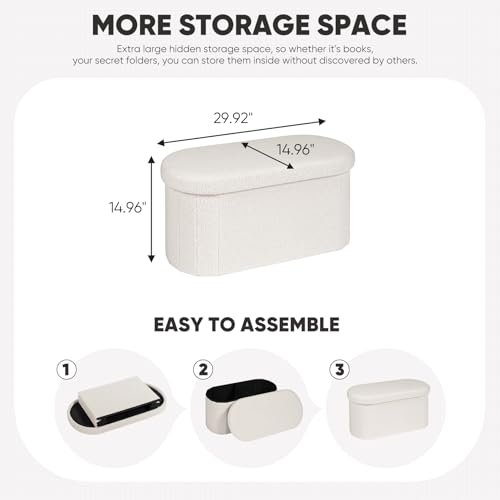 B FSOBEIIALEO Ottoman with Storage for Living Room, Sherpa Folding Storage Ottoman Foot Rest, 30 Inches Collapsible Bedroom Bench Cream White
