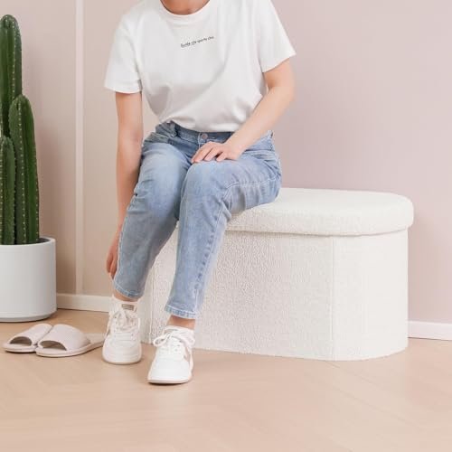 B FSOBEIIALEO Ottoman with Storage for Living Room, Sherpa Folding Storage Ottoman Foot Rest, 30 Inches Collapsible Bedroom Bench Cream White