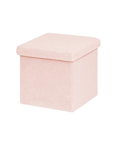B FSOBEIIALEO Small Storage Ottoman Cube Sherpa Ottomans Foot Rest, Foldable Boucle Ottoman, Faux Teddy Fur, Pink 12.6"x12.6"x12.6"