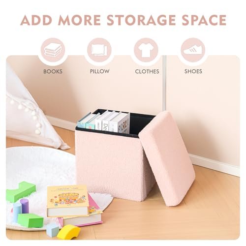B FSOBEIIALEO Small Storage Ottoman Cube Sherpa Ottomans Foot Rest, Foldable Boucle Ottoman, Faux Teddy Fur, Pink 12.6"x12.6"x12.6"