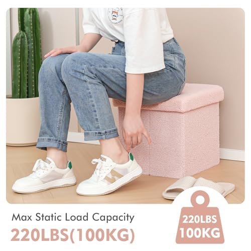 B FSOBEIIALEO Small Storage Ottoman Cube Sherpa Ottomans Foot Rest, Foldable Boucle Ottoman, Faux Teddy Fur, Pink 12.6"x12.6"x12.6"
