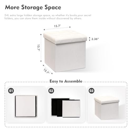 B FSOBEIIALEO Storage Ottoman Velvet Tufted Folding Ottomans Footstool Rest Seat with Removable Lid (White, Medium)