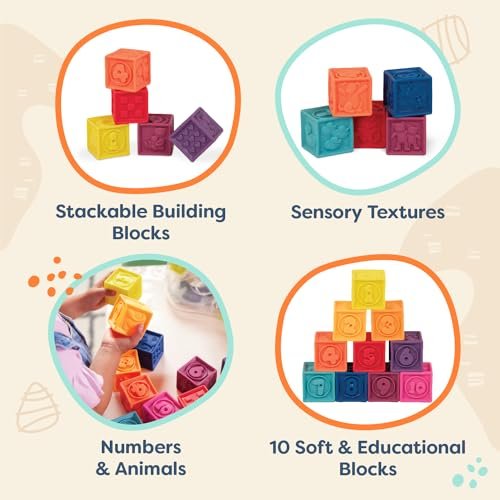 B. toys – Baby Blocks – Stacking & Building Toys For Babies – 10 Soft & Educational Blocks- Numbers, Shapes, Colors, Animals- One Two Squeeze- 6 Months +