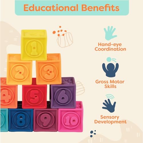 B. toys – Baby Blocks – Stacking & Building Toys For Babies – 10 Soft & Educational Blocks- Numbers, Shapes, Colors, Animals- One Two Squeeze- 6 Months +