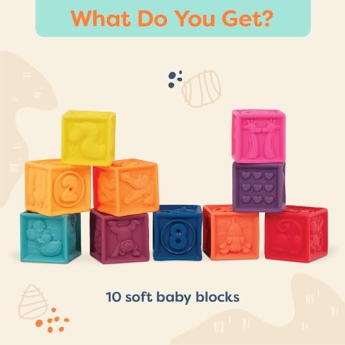 B. toys – Baby Blocks – Stacking & Building Toys For Babies – 10 Soft & Educational Blocks- Numbers, Shapes, Colors, Animals- One Two Squeeze- 6 Months +