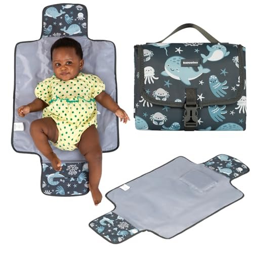 BabbleRoo Baby Changing Pad - Comfortable Portable Changing Pad, Compact, Fits in Any Diaper Bag - Lightweight and Soft with Cute Designs, Convenient Pockets, Extra Head Support - Sea Animals