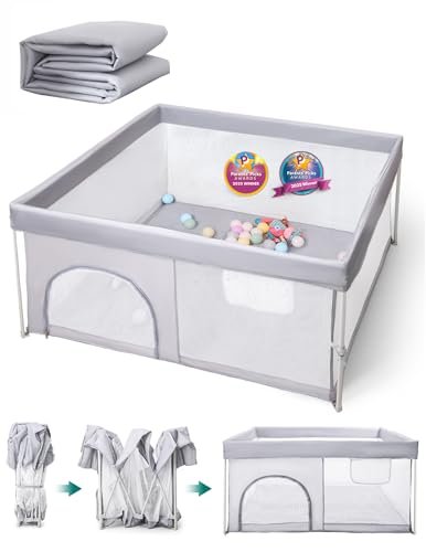 BABELIO Foldable Baby Playpen with Mat, 54.5" × 54.5" Portable Playard for Babies and Toddlers, No Assembly Required, Indoor & Outdoor Kids Safety Play Pen Area, Travel Fence, Grey