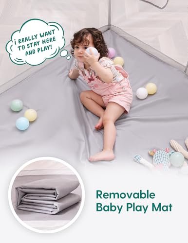 BABELIO Foldable Baby Playpen with Mat, 54.5" × 54.5" Portable Playard for Babies and Toddlers, No Assembly Required, Indoor & Outdoor Kids Safety Play Pen Area, Travel Fence, Grey