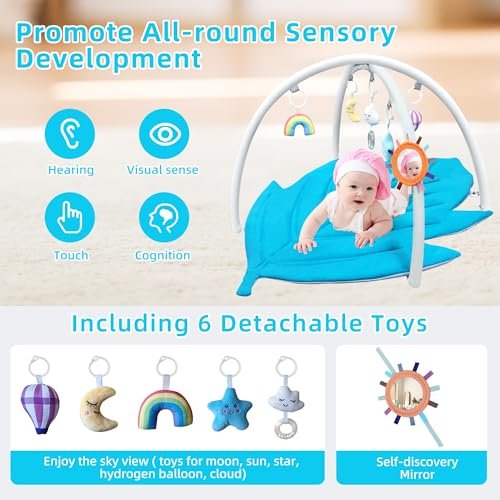 Baby Activity Gym Play Mat, Leaf-Shaped Tummy Time Mat with Detachable Arches, Newborn to Toddler Developmental Toy for Lying, Sitting & Sensory Play (Machine Washable)