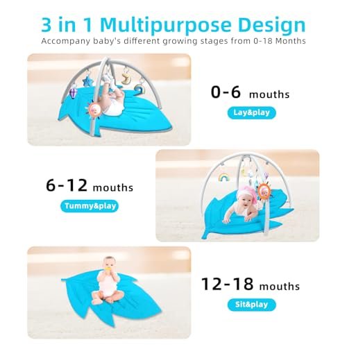 Baby Activity Gym Play Mat, Leaf-Shaped Tummy Time Mat with Detachable Arches, Newborn to Toddler Developmental Toy for Lying, Sitting & Sensory Play (Machine Washable)