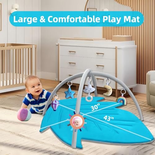 Baby Activity Gym Play Mat, Leaf-Shaped Tummy Time Mat with Detachable Arches, Newborn to Toddler Developmental Toy for Lying, Sitting & Sensory Play (Machine Washable)