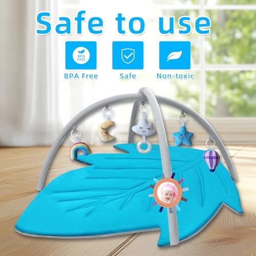 Baby Activity Gym Play Mat, Leaf-Shaped Tummy Time Mat with Detachable Arches, Newborn to Toddler Developmental Toy for Lying, Sitting & Sensory Play (Machine Washable)