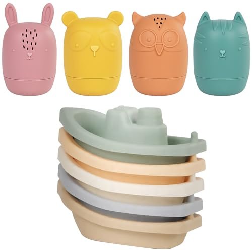 Baby Bath Toys Stackable Boats with Soft Silicone Squirt Water Animal Toys, 9 Pcs Floating Stacking Boat Bathtub Shower Water Toys, Pool Beach Toys Birthday for Toddler Kids 1-3