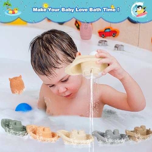 Baby Bath Toys Stackable Boats with Soft Silicone Squirt Water Animal Toys, 9 Pcs Floating Stacking Boat Bathtub Shower Water Toys, Pool Beach Toys Birthday for Toddler Kids 1-3