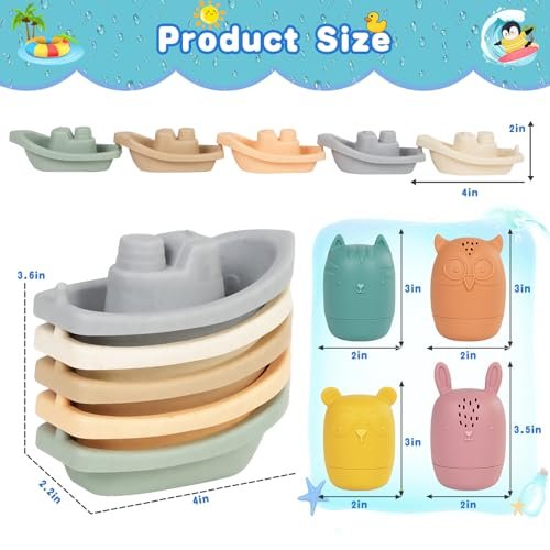 Baby Bath Toys Stackable Boats with Soft Silicone Squirt Water Animal Toys, 9 Pcs Floating Stacking Boat Bathtub Shower Water Toys, Pool Beach Toys Birthday for Toddler Kids 1-3