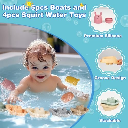 Baby Bath Toys Stackable Boats with Soft Silicone Squirt Water Animal Toys, 9 Pcs Floating Stacking Boat Bathtub Shower Water Toys, Pool Beach Toys Birthday for Toddler Kids 1-3