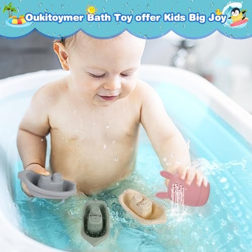 Baby Bath Toys Stackable Boats with Soft Silicone Squirt Water Animal Toys, 9 Pcs Floating Stacking Boat Bathtub Shower Water Toys, Pool Beach Toys Birthday for Toddler Kids 1-3
