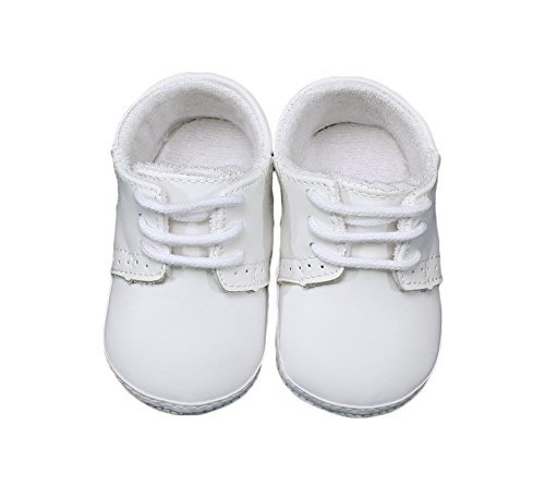 Baby Boys All White Genuine Leather Saddle Oxford Crib Shoe with Perforations