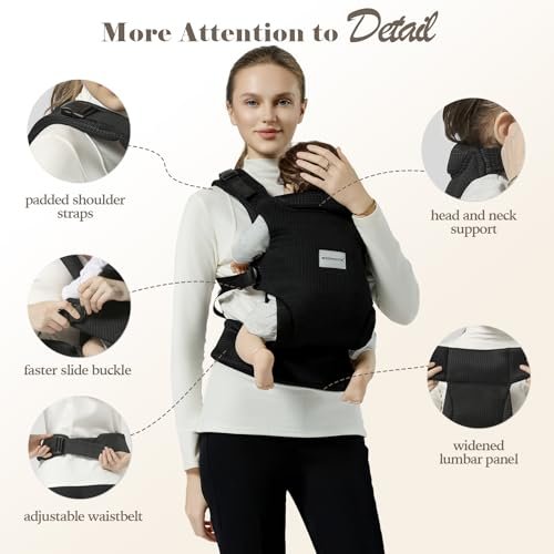 Baby Carrier Newborn to Toddler, Easy Adjustable Toddler Carrier for 7-30lbs, Baby Holder Newborn Wrap Carrier, Breathable Mesh Fabric Infant Kangaroo Carrier with Lumbar Support, Black