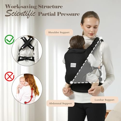 Baby Carrier Newborn to Toddler, Easy Adjustable Toddler Carrier for 7-30lbs, Baby Holder Newborn Wrap Carrier, Breathable Mesh Fabric Infant Kangaroo Carrier with Lumbar Support, Black