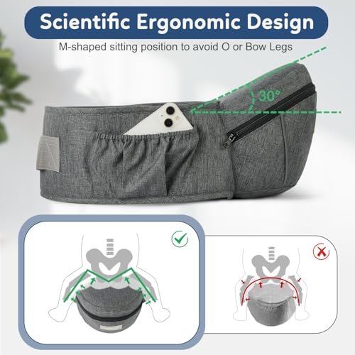 Baby Carrier with Hip Seat, Ergonomic Front Carrier for Newborns & Toddlers, Adjustable Waistband with Strong Support, Large Pocket Design, Grey