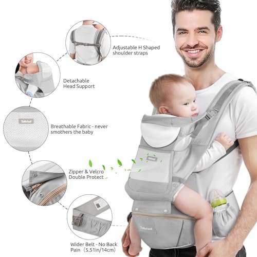 Baby Carrier with Hip Seat,Ergonomic M Position 6in1 Baby Carrier Newborn to Toddler,Head Support and Breathable Mesh Newborn Carrier,Adjustable Baby Holder Carrier for Dad&Mom-Grey