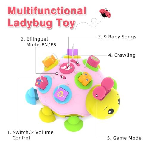 Baby Crawling Toys 6-12 Months,Musical Ladybug Crawling Toy for Infants 0-3-6 7 8 9 10 12-18 Months,Early Education Light Up Music Walking Toys,Shape Matching,Tummy Time Toys for Boy Girl Gift.(Pink)