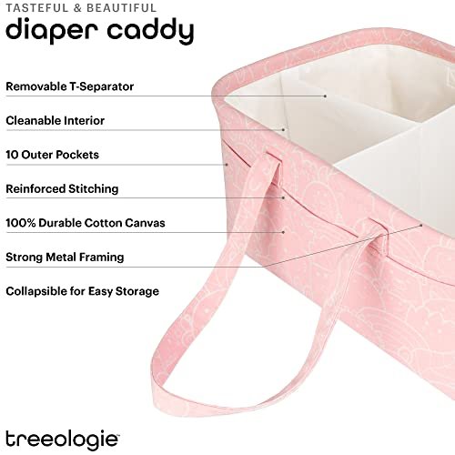 Baby Diaper Caddy Organizer Basket for Nursery Changing Table - Car Storage Tote Bag for Nappy, Diapers, and Wipes - Newborn Registry Shower Gift for Girl and Boy Must Haves - Travel Bin (Pink)