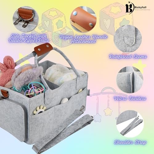 Baby Diaper Stackers & Caddy Organizer, Light Gray Felt, 17" x 12" x 9" XX-Large Portable Diaper Changing Table Storage, Organizer for Nursery, Cars
