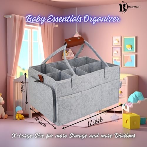 Baby Diaper Stackers & Caddy Organizer, Light Gray Felt, 17" x 12" x 9" XX-Large Portable Diaper Changing Table Storage, Organizer for Nursery, Cars