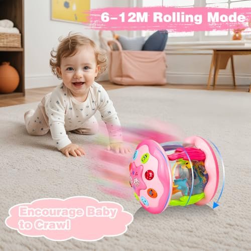 Baby Girl Toys 6-12 Months: Babies Ocean Rotating Light Up Musical Toys 12-18 Months Crawling Learning Infant Toy for Toddlers 1 2 3 Years Old Baby Girl Gifts (Pink)