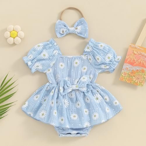 Baby Girls Floral Cotton Leotard Romper Newborn Daisy Playsuits Ruffled Sleeve Onesie Infant Jumpsuit Clothes Headband
