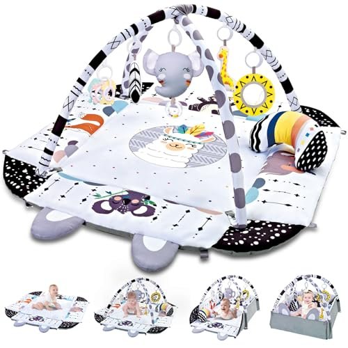 Baby Gym Play Mat, 8-in-1 Tummy Time Mat & Activity Gym, Washable Ball Pit, Infant Play Mat with Detachable Toys for Sensory Exploration and Motor Skill Development