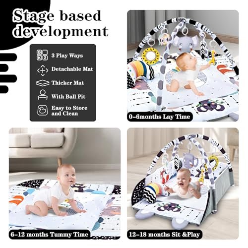 Baby Gym Play Mat, 8-in-1 Tummy Time Mat & Activity Gym, Washable Ball Pit, Infant Play Mat with Detachable Toys for Sensory Exploration and Motor Skill Development