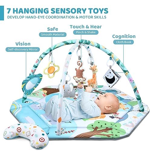Baby Gym Play Mat, 8-in-1 Tummy Time Mat & Ball Pit with 6 Toys, Washable Baby Activity Play Mat for Visual, Hearing, Sensory, Motor Development, Baby Toys Gift for Toddler Infant 0-3-6-9-12 Months